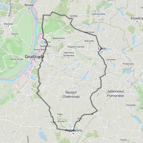 Miniatura mapy "Pętla Wąbrzeźno - Łasin - Rywałd" - trasy rowerowej w Kujawsko-pomorskie, Poland. Wygenerowane przez planer tras rowerowych Tarmacs.app