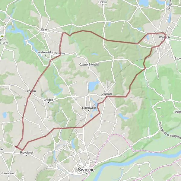 Map miniature of "Countryside Adventure" cycling inspiration in Kujawsko-pomorskie, Poland. Generated by Tarmacs.app cycling route planner