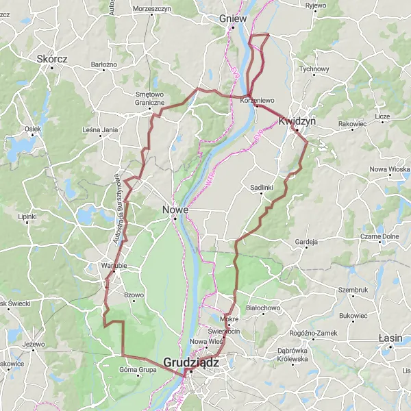 Map miniature of "Warlubie to Kwidzyn Loop" cycling inspiration in Kujawsko-pomorskie, Poland. Generated by Tarmacs.app cycling route planner