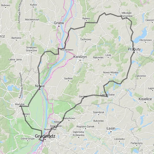 Map miniature of "Jałowiec Loop" cycling inspiration in Kujawsko-pomorskie, Poland. Generated by Tarmacs.app cycling route planner