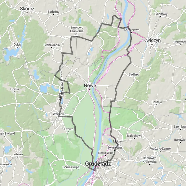 Map miniature of "Scenic Road Adventure near Warlubie" cycling inspiration in Kujawsko-pomorskie, Poland. Generated by Tarmacs.app cycling route planner