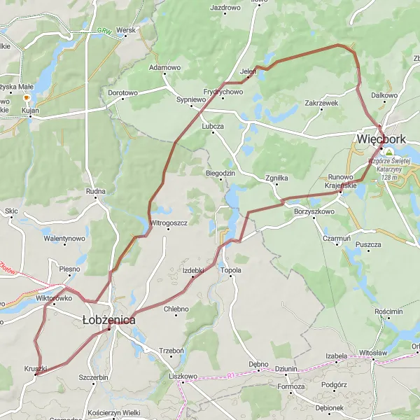 Map miniature of "Gravel Escape" cycling inspiration in Kujawsko-pomorskie, Poland. Generated by Tarmacs.app cycling route planner