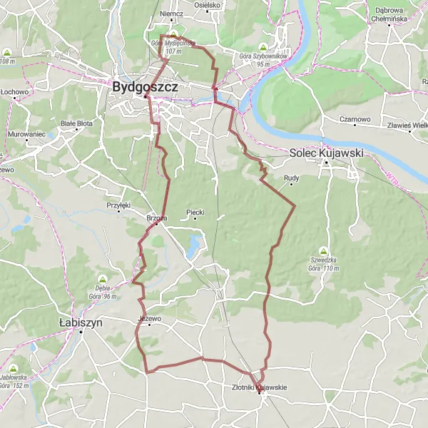 Map miniature of "Bydgoszcz Explorer" cycling inspiration in Kujawsko-pomorskie, Poland. Generated by Tarmacs.app cycling route planner