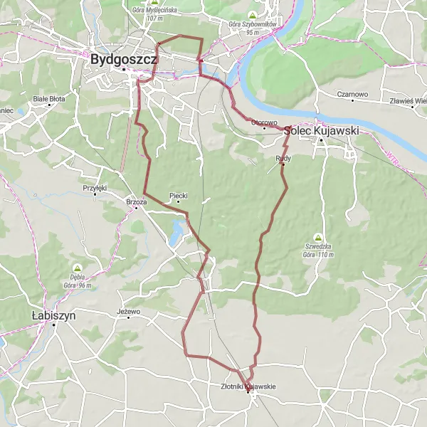 Map miniature of "Mysterious Kujawy" cycling inspiration in Kujawsko-pomorskie, Poland. Generated by Tarmacs.app cycling route planner