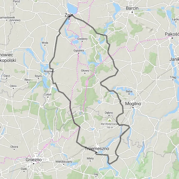 Map miniature of "The Great Żnin Loop" cycling inspiration in Kujawsko-pomorskie, Poland. Generated by Tarmacs.app cycling route planner