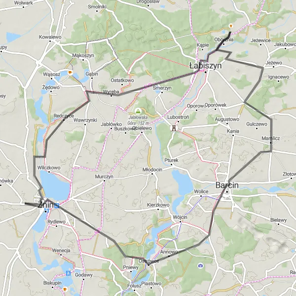 Map miniature of "Żnin Adventure Ride" cycling inspiration in Kujawsko-pomorskie, Poland. Generated by Tarmacs.app cycling route planner