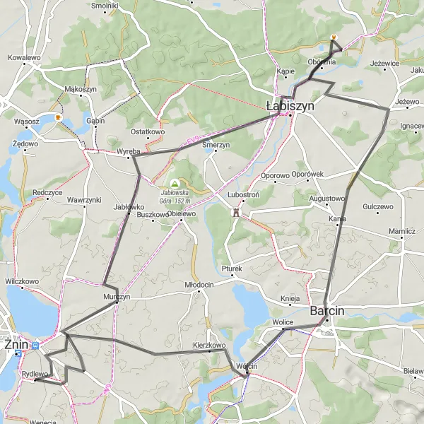 Map miniature of "Discover Barcin and Beyond" cycling inspiration in Kujawsko-pomorskie, Poland. Generated by Tarmacs.app cycling route planner