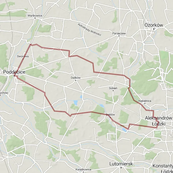 Map miniature of "Gravel Adventure" cycling inspiration in Łódzkie, Poland. Generated by Tarmacs.app cycling route planner