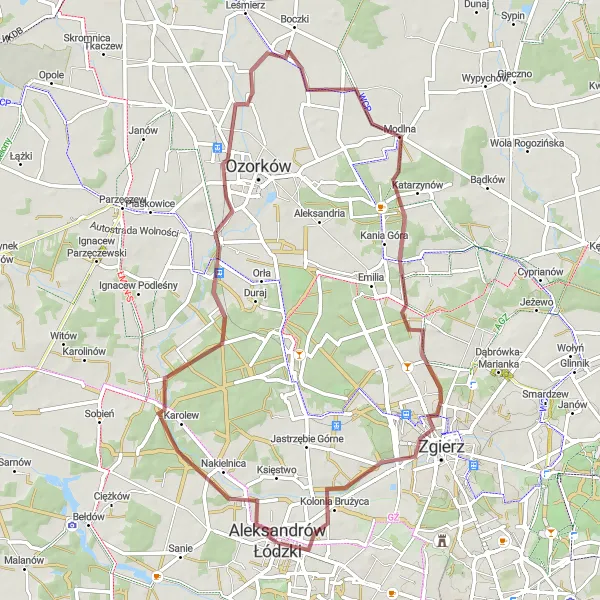 Map miniature of "Journey to Aleksandrów Łódzki" cycling inspiration in Łódzkie, Poland. Generated by Tarmacs.app cycling route planner