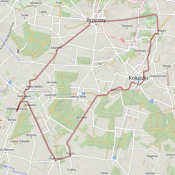 Map miniature of "Gravel Adventure through Borowa" cycling inspiration in Łódzkie, Poland. Generated by Tarmacs.app cycling route planner