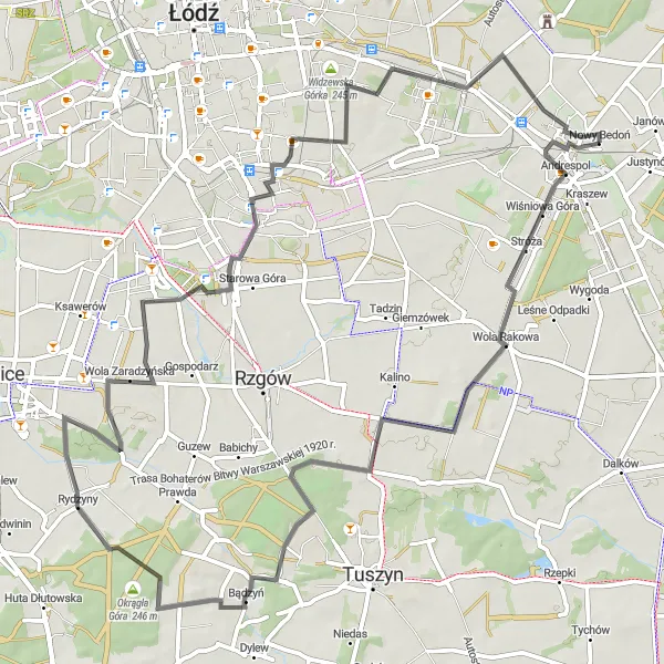 Map miniature of "Andrespol to Widzewska Górka Loop" cycling inspiration in Łódzkie, Poland. Generated by Tarmacs.app cycling route planner