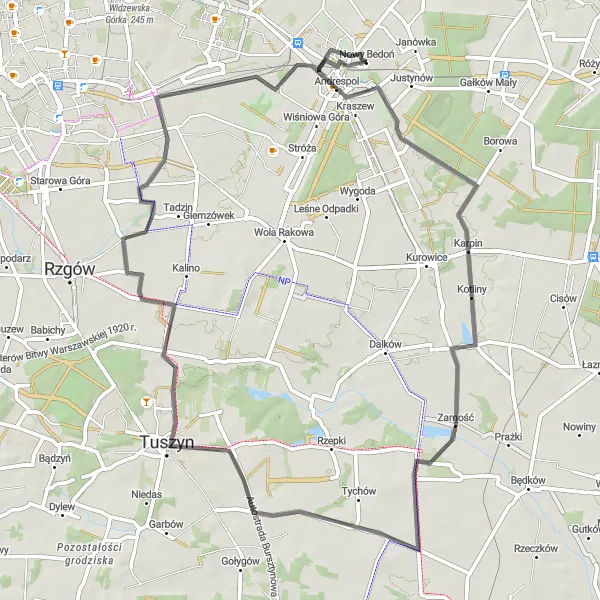 Map miniature of "Karpin to Bedoń Przykościelny Loop" cycling inspiration in Łódzkie, Poland. Generated by Tarmacs.app cycling route planner