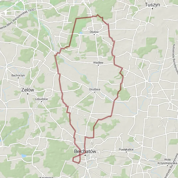 Map miniature of "Scenic Gravel Route near Bełchatów" cycling inspiration in Łódzkie, Poland. Generated by Tarmacs.app cycling route planner