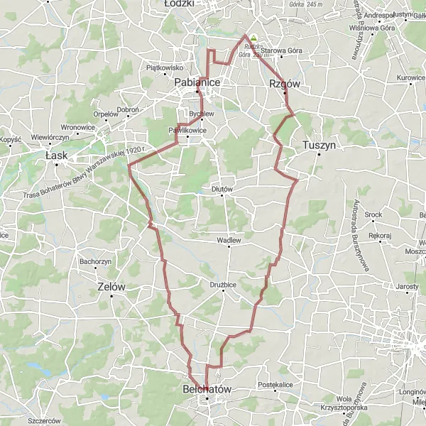 Map miniature of "Mikorzyce and Ksawerów Adventure" cycling inspiration in Łódzkie, Poland. Generated by Tarmacs.app cycling route planner