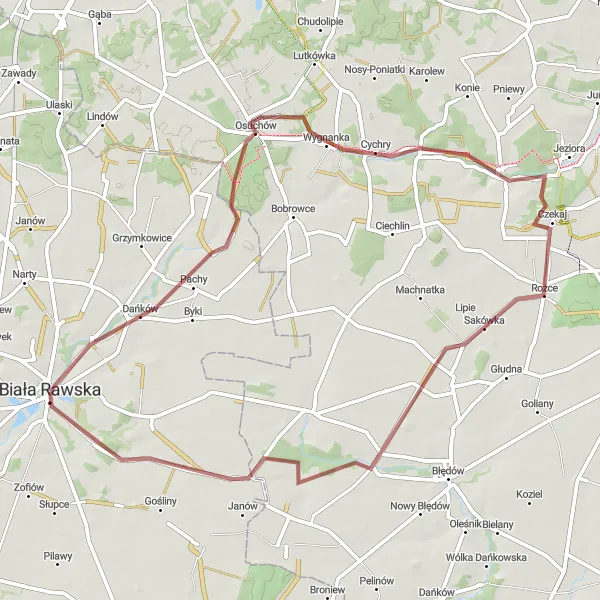 Map miniature of "Biała Rawska Gravel Route" cycling inspiration in Łódzkie, Poland. Generated by Tarmacs.app cycling route planner