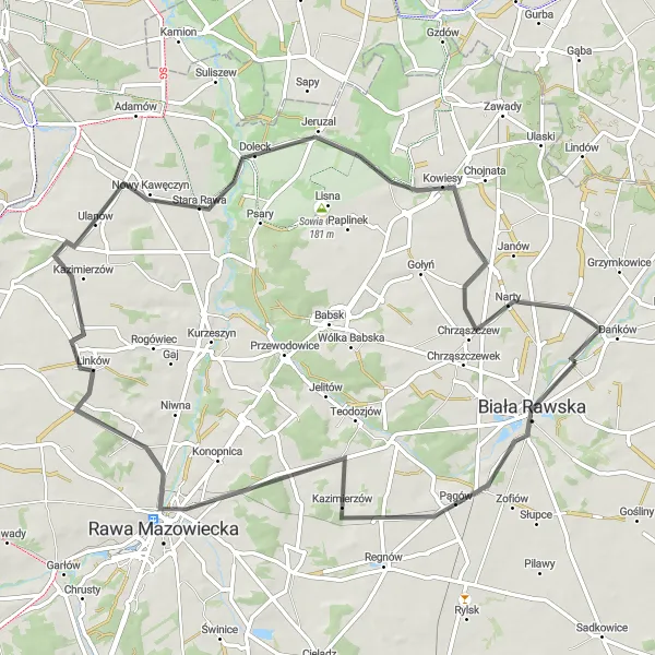 Miniatura mapy "Trasa Rowerowa Rawa Mazowiecka" - trasy rowerowej w Łódzkie, Poland. Wygenerowane przez planer tras rowerowych Tarmacs.app