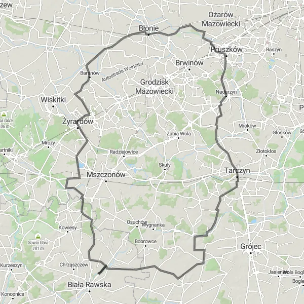 Miniatura mapy "Długotrwała trasa rowerowa z Białej Rawskiej do Tarczyna" - trasy rowerowej w Łódzkie, Poland. Wygenerowane przez planer tras rowerowych Tarmacs.app