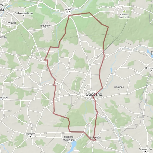 Map miniature of "Pilica Gravel Adventure" cycling inspiration in Łódzkie, Poland. Generated by Tarmacs.app cycling route planner