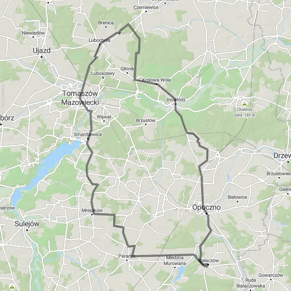 Miniatura mapy "Przejażdżka przez Mniszków i Tomaszów Mazowiecki" - trasy rowerowej w Łódzkie, Poland. Wygenerowane przez planer tras rowerowych Tarmacs.app