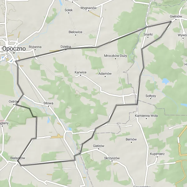 Map miniature of "Opoczno Valley Ride" cycling inspiration in Łódzkie, Poland. Generated by Tarmacs.app cycling route planner