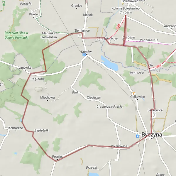 Miniatura mapy "Trasa Gravelowa przez Chróścin" - trasy rowerowej w Łódzkie, Poland. Wygenerowane przez planer tras rowerowych Tarmacs.app