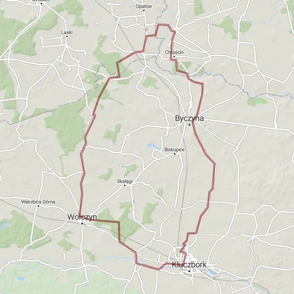 Map miniature of "Serene Gravel Adventure to Byczyna" cycling inspiration in Łódzkie, Poland. Generated by Tarmacs.app cycling route planner