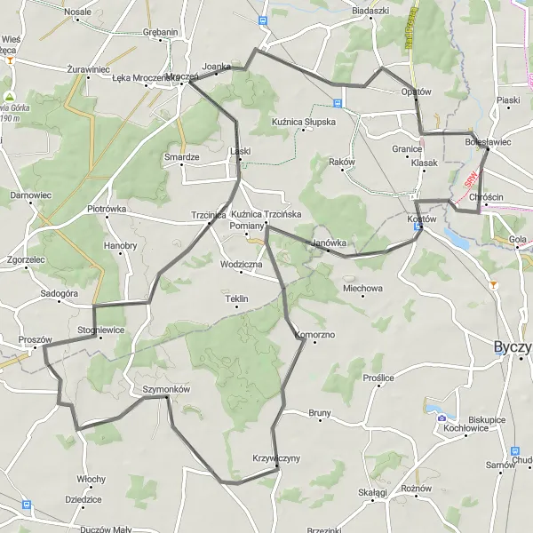 Miniatura mapy "Trasa szosowa z przystankiem w Bolesławcu" - trasy rowerowej w Łódzkie, Poland. Wygenerowane przez planer tras rowerowych Tarmacs.app