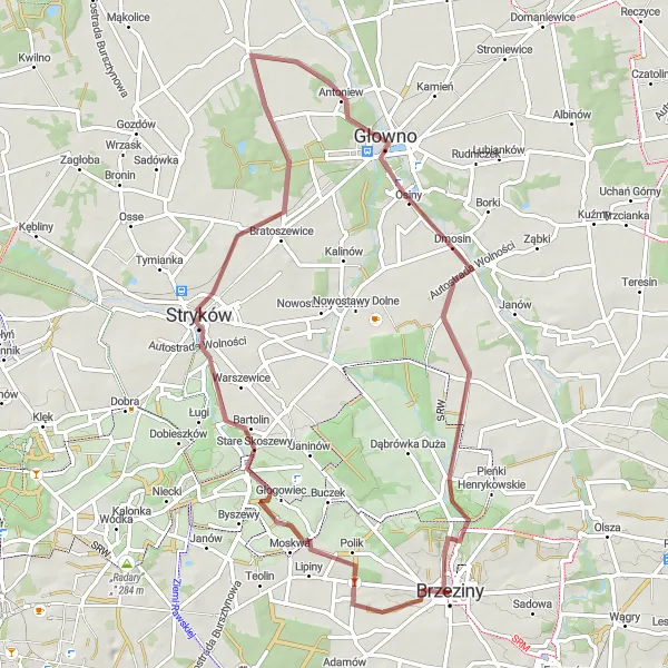 Map miniature of "The Stryków Expedition" cycling inspiration in Łódzkie, Poland. Generated by Tarmacs.app cycling route planner