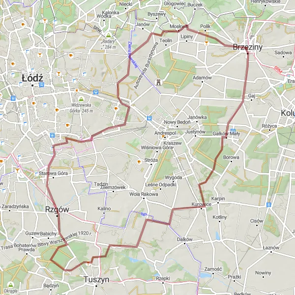 Map miniature of "Brzeziny - Kurowice - Pałczew - Rzgów - Teodorów Gravel Route" cycling inspiration in Łódzkie, Poland. Generated by Tarmacs.app cycling route planner