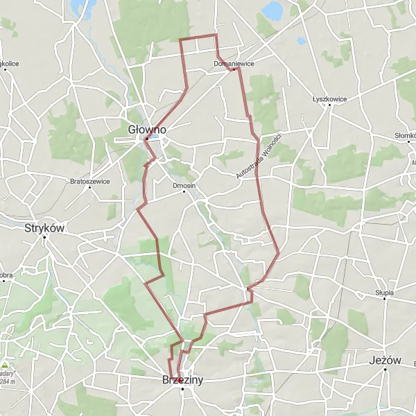 Map miniature of "Brzeziny - Głowno - Domaniewice - Kamienica z 1910 r. Gravel Route" cycling inspiration in Łódzkie, Poland. Generated by Tarmacs.app cycling route planner