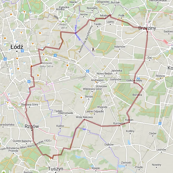 Map miniature of "The Rakowa Explorer" cycling inspiration in Łódzkie, Poland. Generated by Tarmacs.app cycling route planner