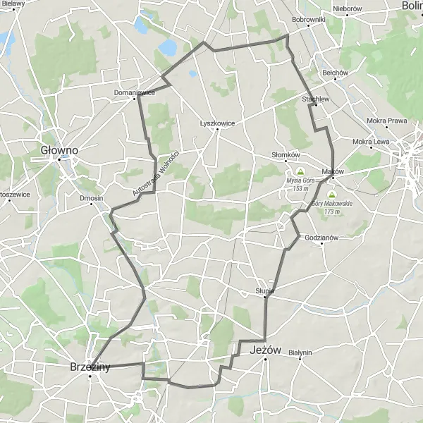 Map miniature of "The Jeżów Challenge" cycling inspiration in Łódzkie, Poland. Generated by Tarmacs.app cycling route planner