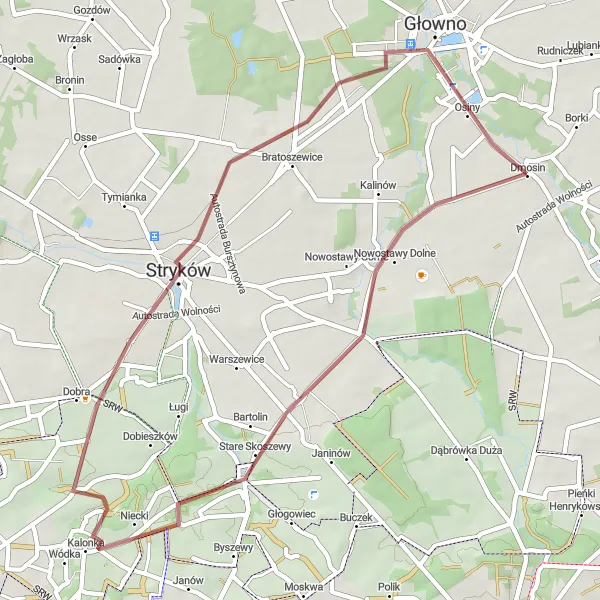 Miniatura mapy "Trasa gravelowa przez Nowostawy Dolne i Stryków" - trasy rowerowej w Łódzkie, Poland. Wygenerowane przez planer tras rowerowych Tarmacs.app