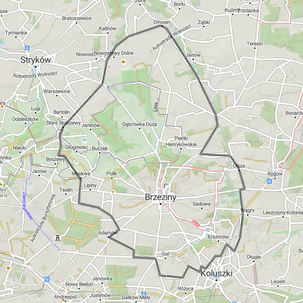 Map miniature of "Scenic Spin through Diverse Landscapes" cycling inspiration in Łódzkie, Poland. Generated by Tarmacs.app cycling route planner