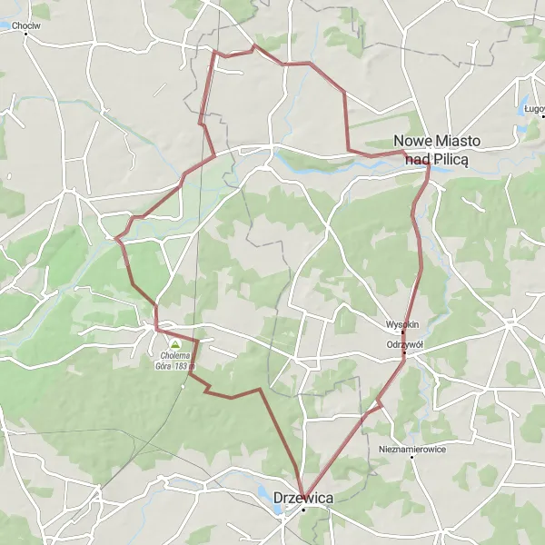 Map miniature of "Challenging Drzewica Loop" cycling inspiration in Łódzkie, Poland. Generated by Tarmacs.app cycling route planner