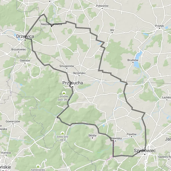 Map miniature of "The Hill of Three Crosses Loop" cycling inspiration in Łódzkie, Poland. Generated by Tarmacs.app cycling route planner