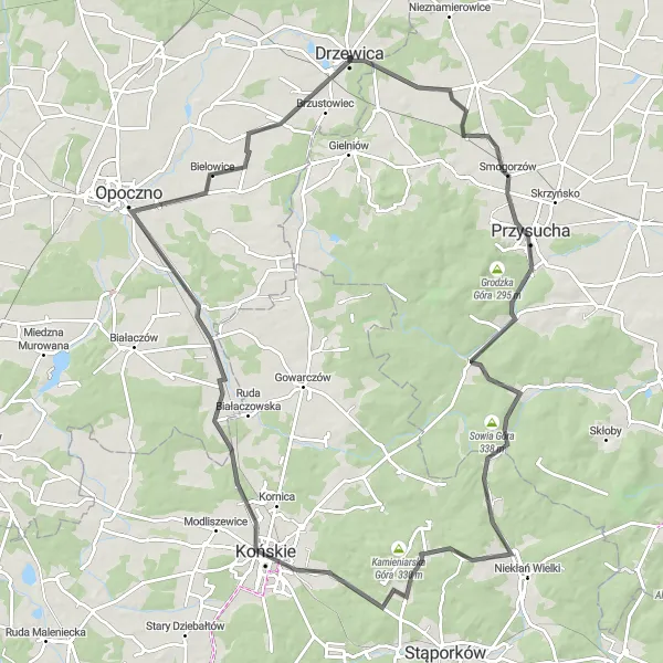 Map miniature of "West of Łódz: Zychorz to Górski tor kajakowy" cycling inspiration in Łódzkie, Poland. Generated by Tarmacs.app cycling route planner