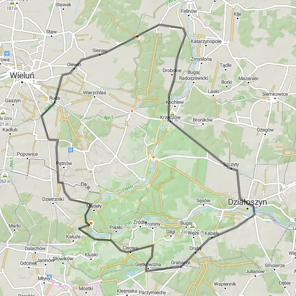 Map miniature of "Działoszyn-Draby Loop" cycling inspiration in Łódzkie, Poland. Generated by Tarmacs.app cycling route planner