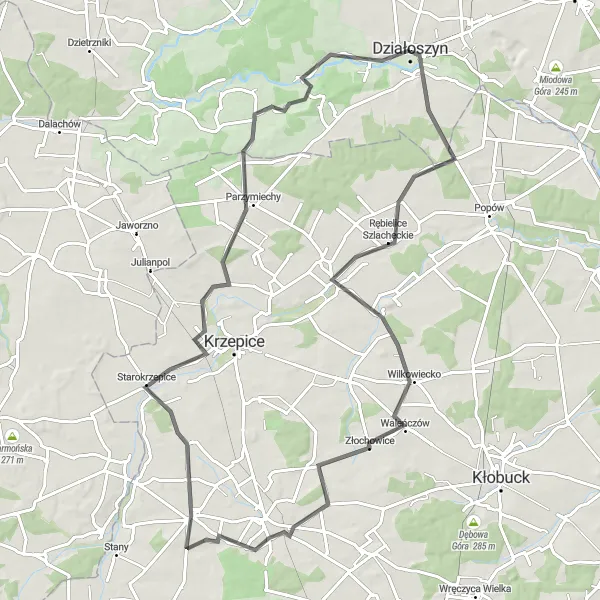 Map miniature of "Countryside Roads and Historic Landmarks" cycling inspiration in Łódzkie, Poland. Generated by Tarmacs.app cycling route planner