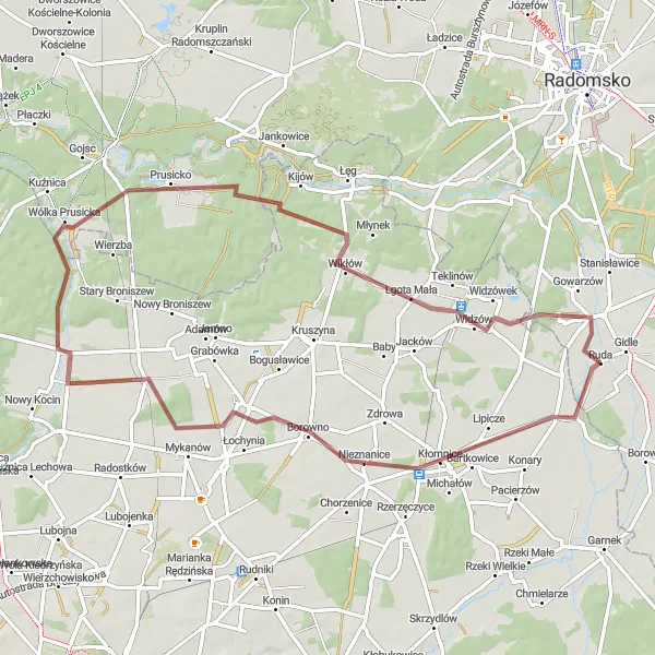 Map miniature of "Scenic Gravel Tour" cycling inspiration in Łódzkie, Poland. Generated by Tarmacs.app cycling route planner