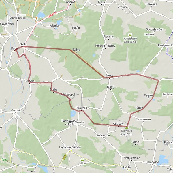 Map miniature of "Żytno Gravel Loop" cycling inspiration in Łódzkie, Poland. Generated by Tarmacs.app cycling route planner