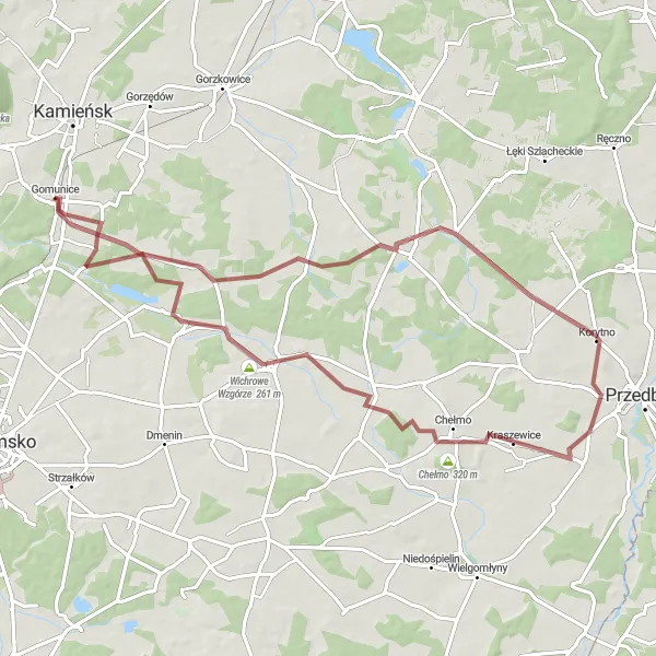 Map miniature of "Wichrowe Wzgórze Gravel Loop" cycling inspiration in Łódzkie, Poland. Generated by Tarmacs.app cycling route planner