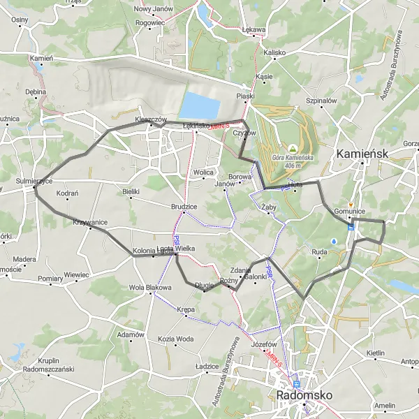 Map miniature of "Gomunice Circular Route" cycling inspiration in Łódzkie, Poland. Generated by Tarmacs.app cycling route planner