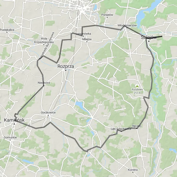 Map miniature of "Picturesque Road Cycling Tour" cycling inspiration in Łódzkie, Poland. Generated by Tarmacs.app cycling route planner