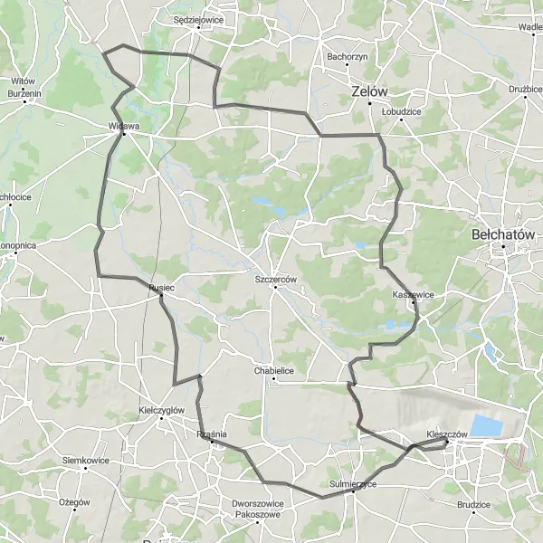 Map miniature of "Bełchatów Road Challenge" cycling inspiration in Łódzkie, Poland. Generated by Tarmacs.app cycling route planner