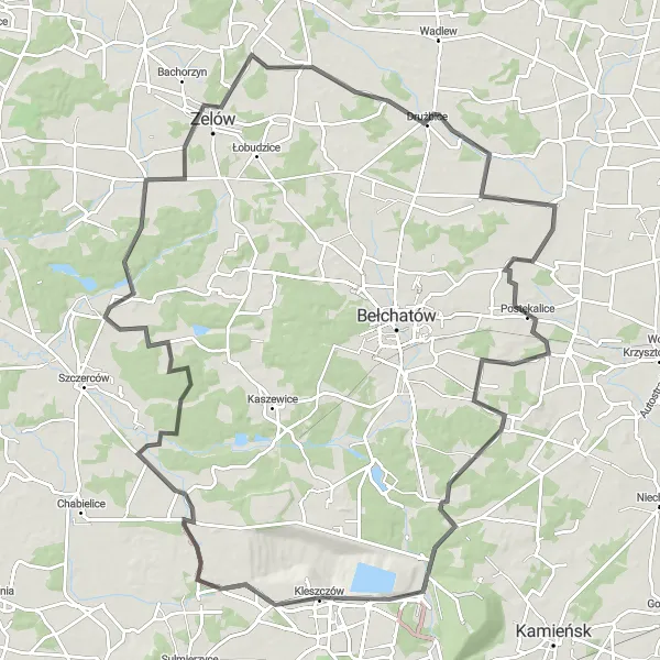 Map miniature of "The Long Road" cycling inspiration in Łódzkie, Poland. Generated by Tarmacs.app cycling route planner