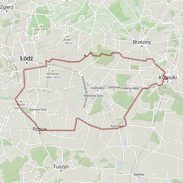 Map miniature of "Różyca and Małczew Gravel Loop" cycling inspiration in Łódzkie, Poland. Generated by Tarmacs.app cycling route planner