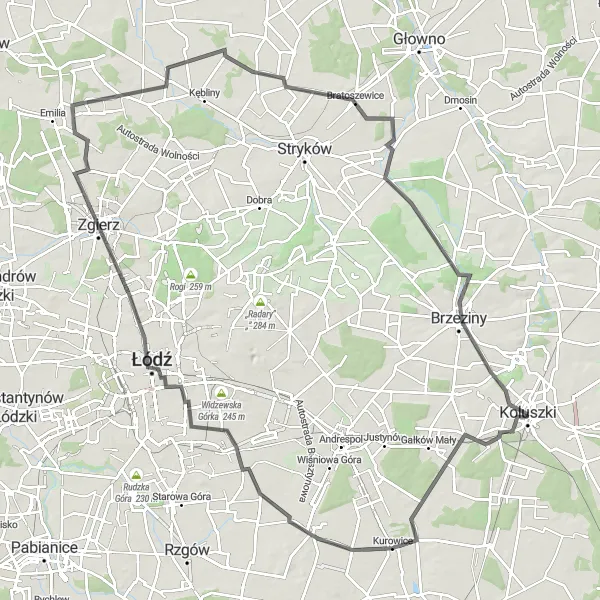 Map miniature of "Łódź and Zgierz Road Cycling Journey" cycling inspiration in Łódzkie, Poland. Generated by Tarmacs.app cycling route planner