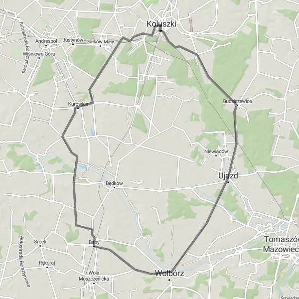 Map miniature of "Koluszki to Ujazd Route" cycling inspiration in Łódzkie, Poland. Generated by Tarmacs.app cycling route planner