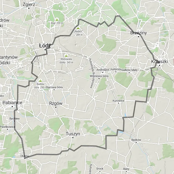 Map miniature of "Łaznowska Wola and Janów Road Cycling Expedition" cycling inspiration in Łódzkie, Poland. Generated by Tarmacs.app cycling route planner